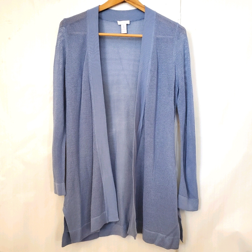 EUC Chico's Size 1 Long Blue Mesh Cardigan